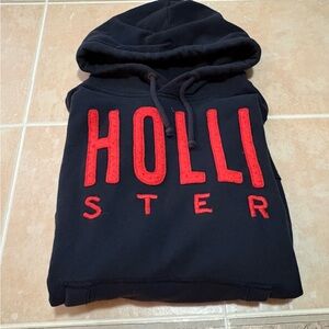 Hollister Vintage Navy Blue Hooded Pullover Sweatshirt with Red Lettering XL